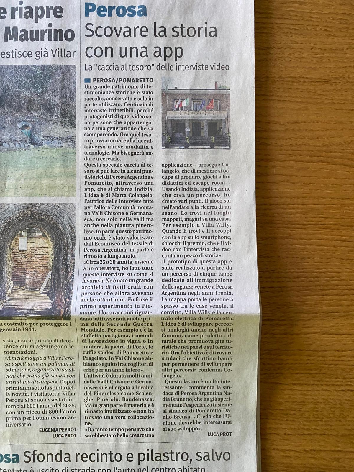 Articolo di giornale su Indizia